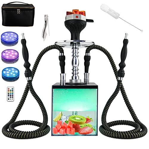 Upgraded Large Opening Design 2 Hose Hookah Set With Travel Bag And Cleaning Brush,Portable Micro Modern Cube Acrylic Hookah With Silicone Hookah Bowl Two Leather Hose Coal Tongs Aluminum Stem,Cube Hookah With Remoted Led Light #TOP9