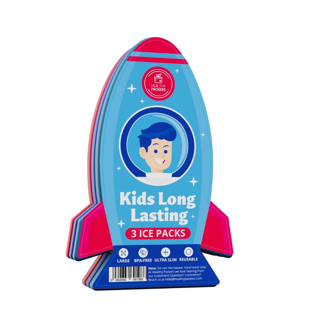 Healthy Packers® Slim Reusable Ice Packs for Lunch Boxes Kids and Adults | Long‑Lasting Thin Freezer Packs for Coolers, Bento Boxes,Lunch Bags, Travel, School Meals, and Meal Prep (3-Pack | Spaceship)