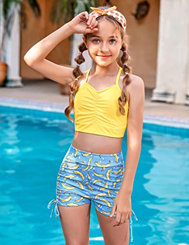 Hopeac Girls Bathing Suits 3 Piece Swinsuits Bikini Set Breathable Quick-Dry Falbala Cute Swimwear With Shorts For 7Y A-Yellow #TOP3