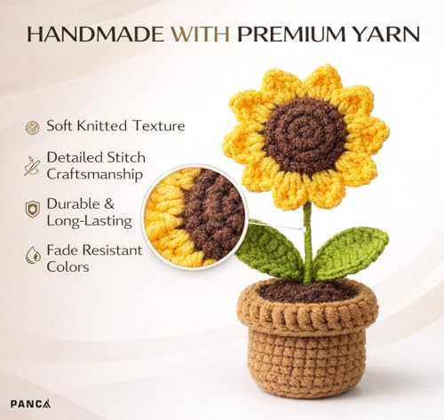 Image of PANCA Crochet Sunflower Pot - Artificial Sunflower for Office Desk, Car Dashboard & Home Decor | Handcrafted Yarn Flower in Pot, for Wedding, Bedroom (Sunflower in Brown Knitted Pot)