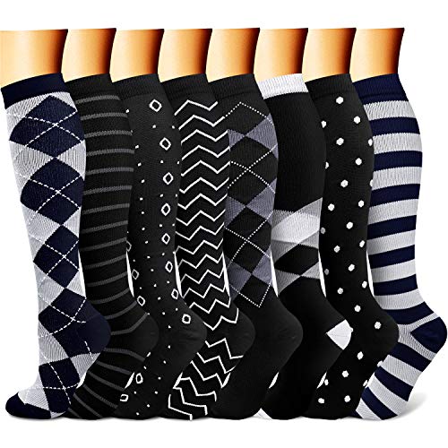 Copper Compression Socks(8 Pairs) for Men & Women 15-20 mmHg is Best Athletic & Daily for Running Flight (16 Black/Grey/White, L/XL(US Women 8-15.5/US Men 8-14))