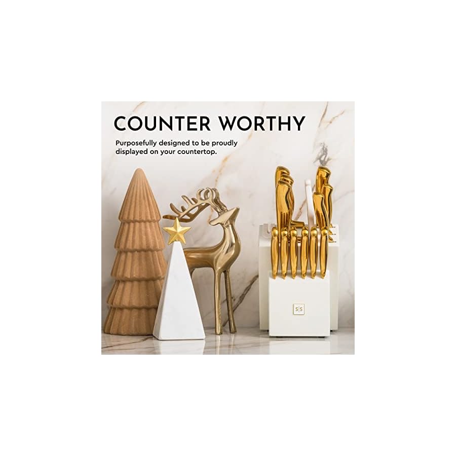 White-and-Gold-Knife-Set-with-Sharpener-14PC-Self-Sharpening-Knife-Block-Set-Includes-Luxurious-Full-Tang-Gold-Knives-and-White-Knife-Block-White-and-Gold-Kitchen-Accessories-Gold-Kitchen-Decor STYLED SETTINGS White and Gold Knife Set with Sharpener -14PC Self Sharpening Knife Block Set Includes Luxurious Full Tang Knives and White Knife Block - White and Gold Kitchen Decor Accessories