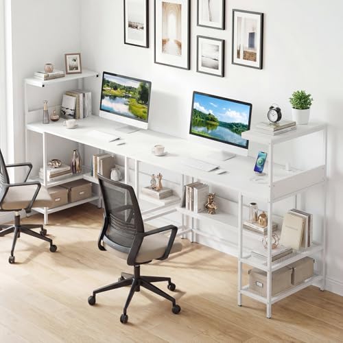 Image of Tangkula 48 inch Reversible Computer Desk with Bookshelves, Home Office Desk with Power Outlets, Hook and Storage Shelves, Writing Study Desk for Living Room, Study Room, Office (White)