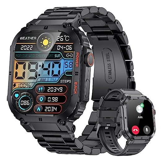 LIGE Relojes Inteligentes Militares para Hombres, Función de Llamadas Bluetooth, Monitor de Salud, 1.96'' Smartwatch Impermeable 5ATM, Compatible con iOS Android, Acero Inoxidable Negro
