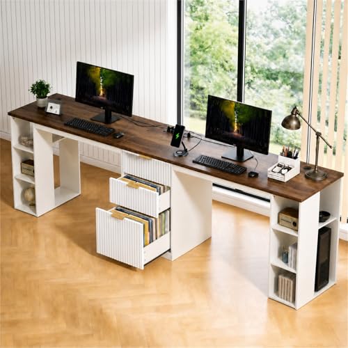 NORTHSKY 96.5 2 Person Desk with Power Outlet & USB Ports Double Computer Desk with Drawers & Storage Shelves Modern Fluted Home Office Desk