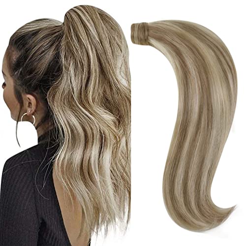 RUNATURE Cola de Caballo de Extensiones de Cabello Humano #8P60 Marrón Ligero con Rubio más Ligero Ponytail Extensiones de Cabello Humano 80g 18 Pulgadas/45cm Cover