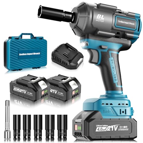 blayram 1200Nm Schlagschrauber Akku Kompatibel mit Ma-kkita 18V Lithium-Akku, 1/2 Zoll Bürstenloser Schlagschrauber mit 2x 4.0Ah Batterie, 5 Stecknüsse für Autoreifen, Automobilmontage und Gerüstbau