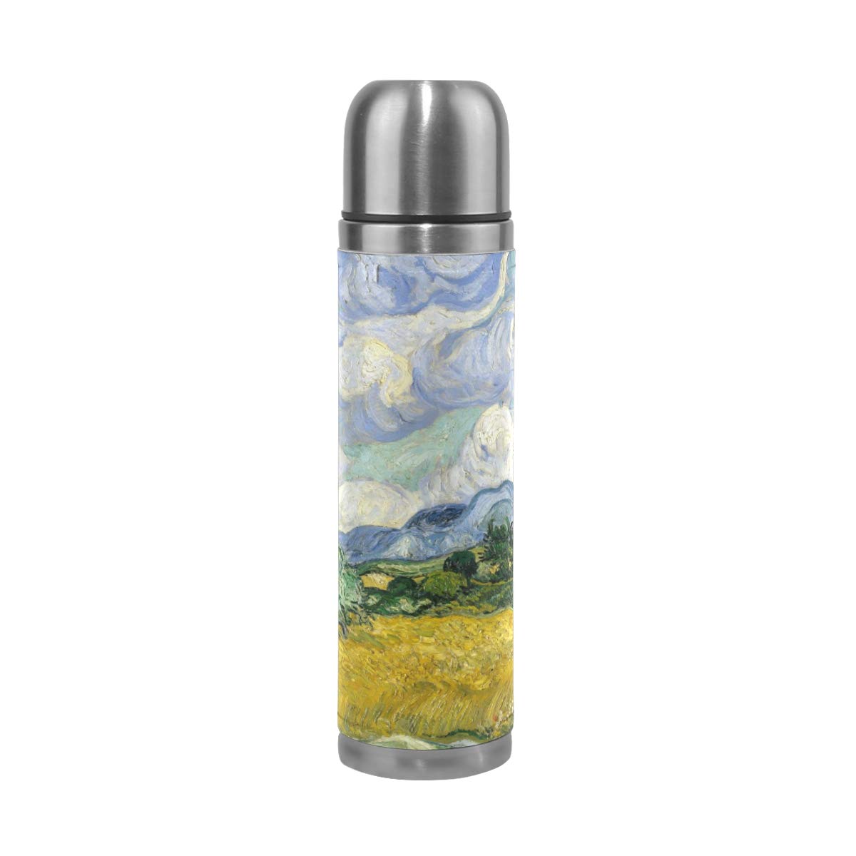 Taza de viaje aislada al vacío de acero inoxidable con doble pared a prueba de fugas, diseño de Van Gogh personalizado impreso en piel auténtica, termo de 500 ml