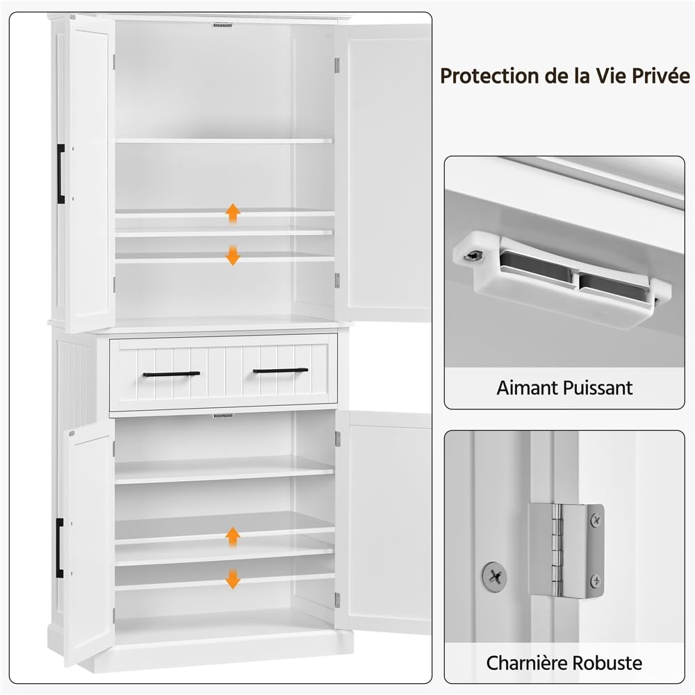 Yaheetech Buffet Haut Cuisine, Meuble de Cuisine avec 6 Étagères Réglables et 2 Tiroirs, Armoire de Rangement Polyvalente, Armoire Vestiaire pour Salon Chambre Bureau 76,5 x 40,5 x 183 cm Blanc