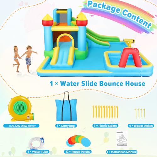 Aufblasbare Wasserrutsche Hüpfburg mit Gebläse für Kinder 3-12 Jahre, Trocken-/Wasserrutsche, Wasserpark mit 2 Rutschen, Planschbecken & Schwimmbecken, Basketballkorb, Wasserkanone