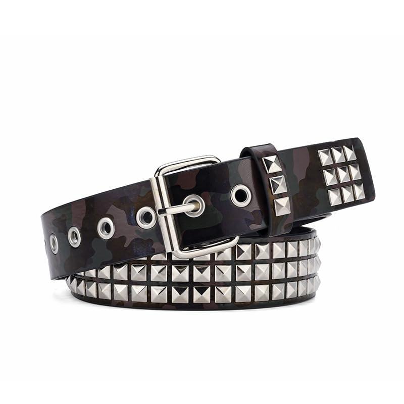 Xiao Hua Punk Leather Belt,Women Men Goth Pyramid Studded Square Beads Rivet Jeans Belts,43in(coffee camouflage)