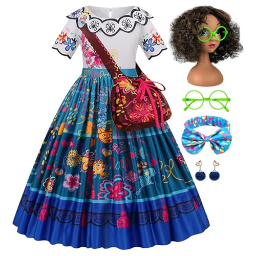 Monissy Mirabel Encanto Kostüm mit Zubehöre Tasche Mädchen Kleider Kinder Kleid Prinzessinen Outfits für Verkleidung Halloween Karneval Geburtstagsfeiern Schule Kindergarten, Blau, 140