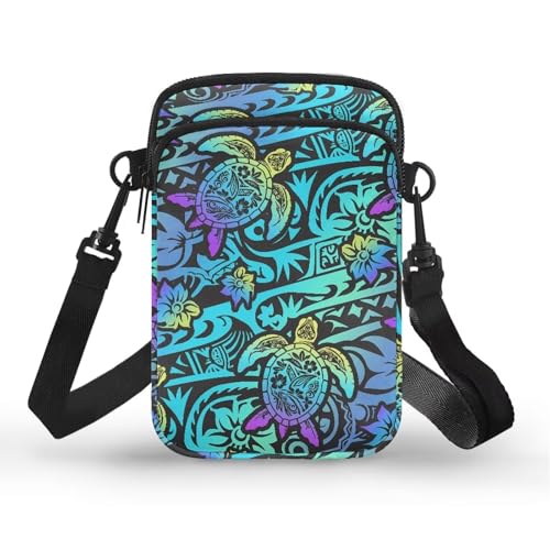 Image of Hawaiian Tribal Small Crossbody Bags for Women Cell Phone Bag Purse, Sea Turtle Zipper Sling Purses Shoulder Bag