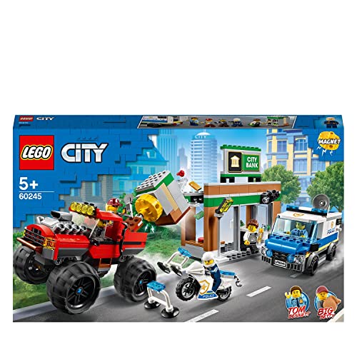 Image of LEGO 60245 City Police Monster Truck Heist Building Set with Van, Motorbike, Bank, and Magnetic Brick,Multicolor,Pack of 362 Pieces