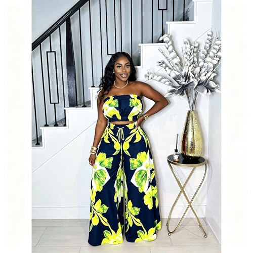 Image of Two Piece Sets for Women Summer Outfits Crop Tops and Wide Leg Pants Sets Sexy Jumpsuits Vacation Outfits with Pockets