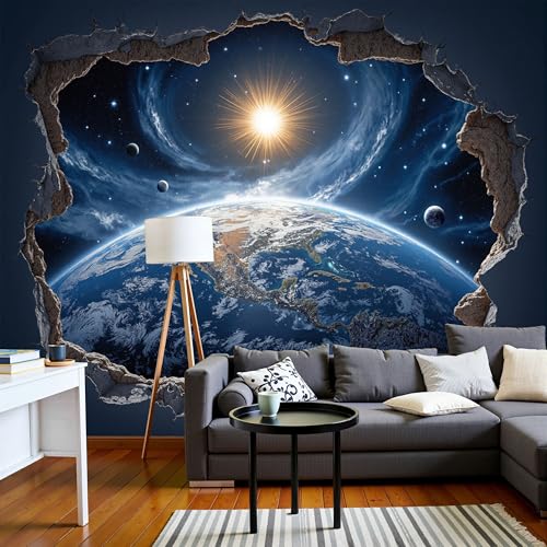 Papel Pintado Panorámico 250X175Cm Universo 3D Tierra De Seda Papel Pintado Decoración De Pared Fotográfico Azul Paisaje De Ilusión Visual Dormitorio Sala Tv Fondo Decorativos Murales