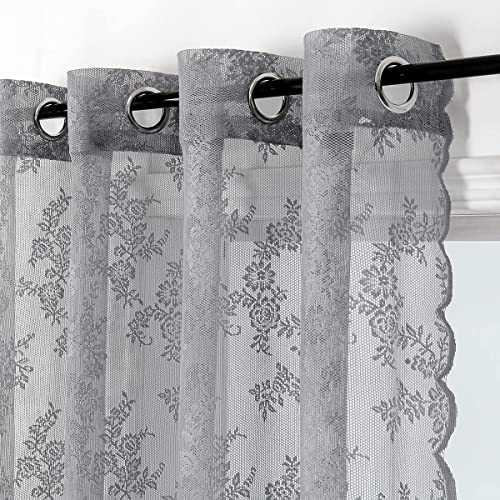 Grey Lace Curtains for Kids Bedroom 55 x 54 Inch Farmhouse French Floral Embroidered Sheer Voile Curtains Durable Rose Lace Fabric Window Treatment Drapes for Living Room Christmas Holiday 2pcs - Image 4