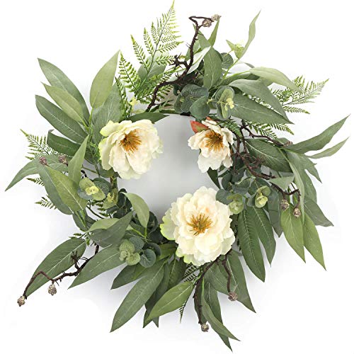 Cloris Art Wreath for Front Door, 24 Inch Artificial Eucalyptus White Peony Wreath