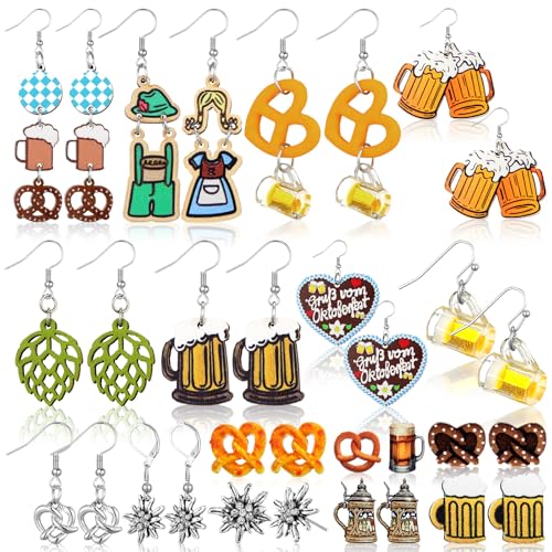 Nosiny 16 Pairs German Oktoberfest Earrings Rhinestone Earrings Funny Pretzels Beer Mug Gingerbread Beer Mug Heart Earrings Studs Festival Jewelry Gifts for Women