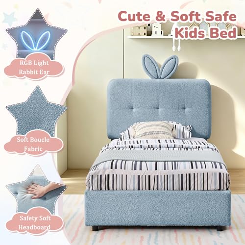 Image of Twin Led Bed Frame with 4 Storage Drawer, Upholstered Platform Floor Bed with Rabbit Ear Headboard Daybed Strong Wooden Slats No Box Spring Needed for Kids Girls Boys, Blue
