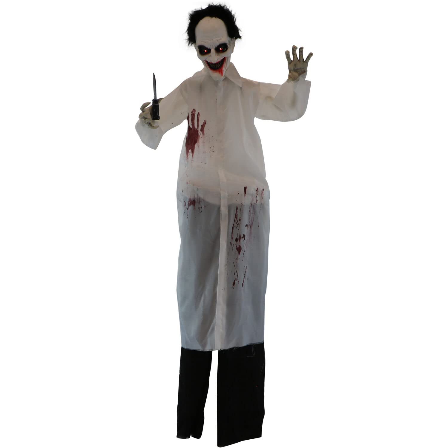 similar haunted hill farm life-size scary animatronic doctor with touch activated lights and sounds, indoor or covered outdoor spooky halloween decorations for home or haunted house, battery-operated