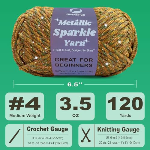 Image of Metallic Sparkle Yarn for Crochet and Knitting with Easy-to-See Stitches, Worsted Weight Medium #4, Beginners Yarn for Amigurumi, Bags, Handmade Gifts, Home Decor (Ochre, 1 Pack)