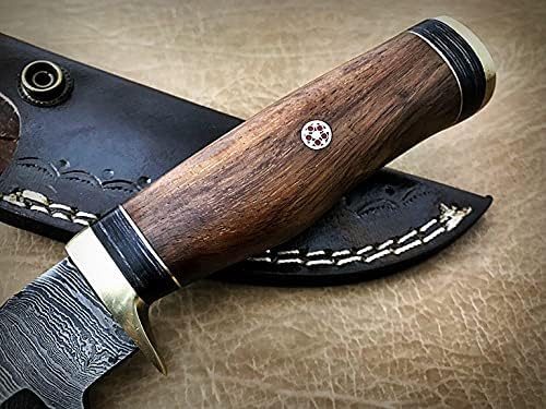Miniatura 3 de Cuchillo de hoja fija de acero de Damasco con funda de cuero, escala de madera redonda con protector de dedo de latón y tapa, cuchillo de piel de 8