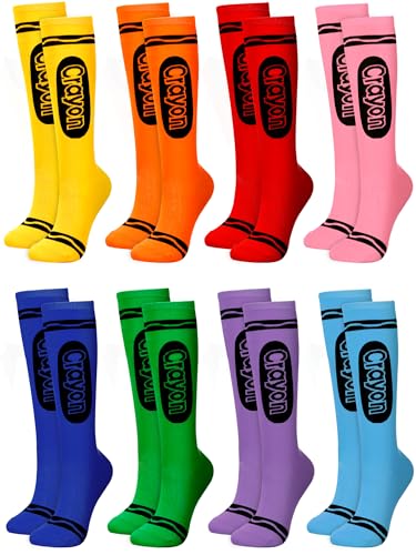 U-Zomir 8 Pairs Crayon Socks Funny Group Halloween Costumes for Cosplay Themed Parties - Rainbow Knee High Stockings Crayon Costume for Adult Women Men