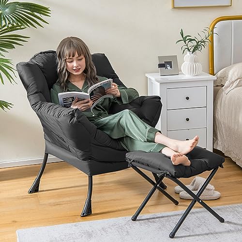 COSTWAY Fauteuil Salon Scandinave avec Repose-Pieds, Fauteuil Relax avec Oreiller et Poche Latérale, Fauteuil Chambre Confortable pour Lecture, Cadre en Métal pour...