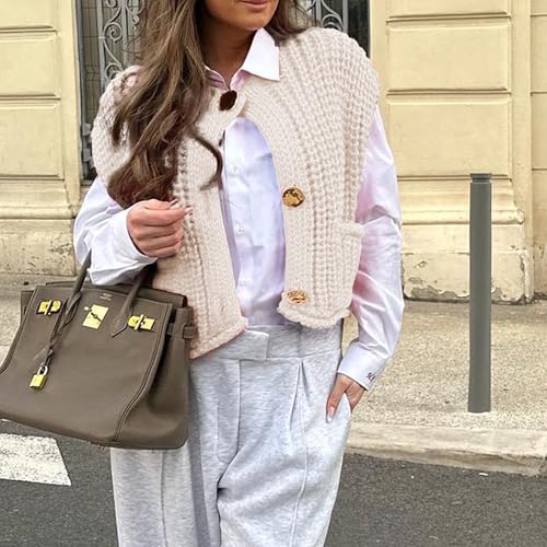 Hixiaohe Womens Crochet Chunky Knit Top Sleeveless Button Down Crop Tops Trendy Cardigan Sweater Vest for Women with Pockets2