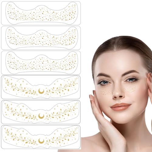 BOPRKTM 6 pezzi tatuaggi temporanei per viso con lentiggini,lentiggini dorati, resistenti all'acqua,stelle dorate e punti,tatuaggi temporanei, festival, lentiggini,henné Freckles