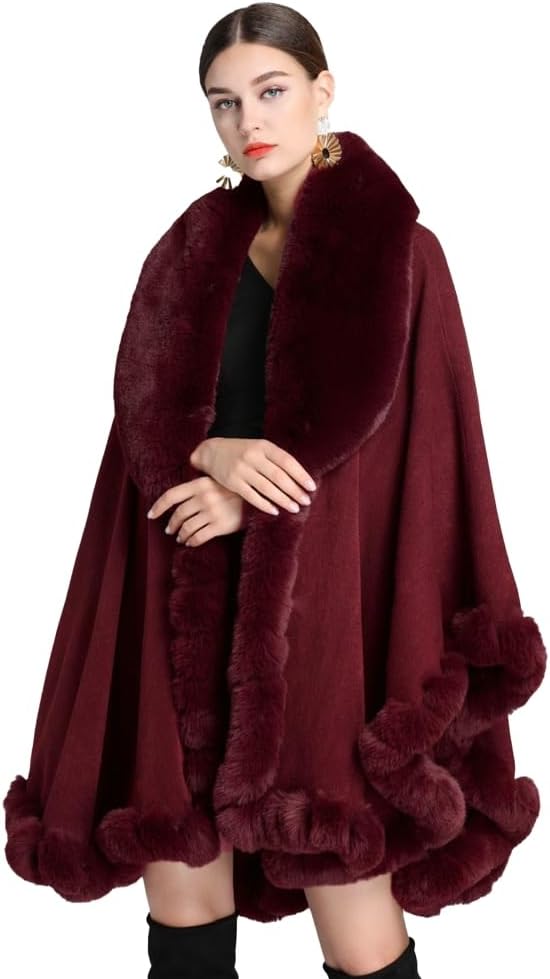 Women Poncho Cape Faux Fur Collar Knitted Cardigan Sweater Batwing Long Sleeve Shawl Wrap Coat Oversized Cloak