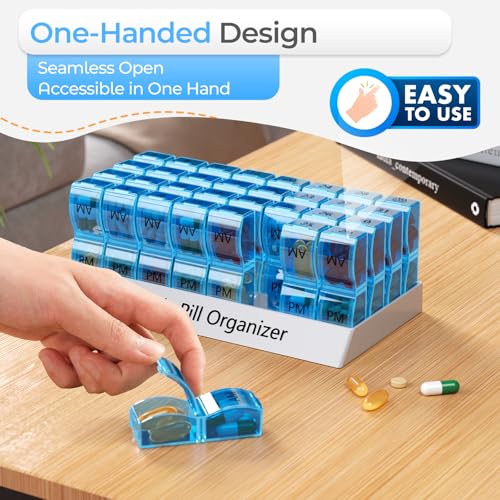 Image of Monthly Pill Organizer 2 Times a Day, 30 Day Pill Box Organizer, One Month AM PM Pill Case Small Compartments to Hold Vitamin and 31 Day Travel Medicine Organizer, 4 Week Pill Cases (Blue) | Ultra-Compact, Pocket-Sized, Ultra-Light, Featherweight, Monthly Tracking, Daily Dose, Detachable Lid, Easy-Clean, BPA-Free