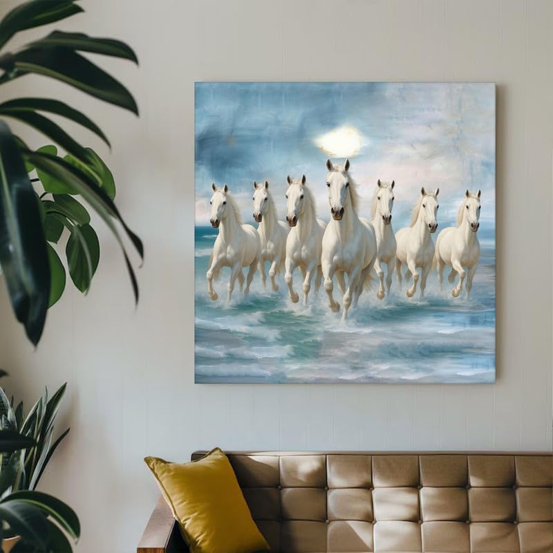 Image of PAINTINGMANTRA 7 White Running Horses Canvas Wall Art Painting For Living Room|Seven Running Horses Vastu Feng Shui Stretched Canvas Painting For Bed Room, Home & Office, 22x22 Inch