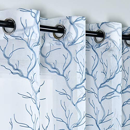 KEQIAOSUOCAI Faux Linen Semi Sheer Curtains 84 Inch Length White and Dusty Blue Branch Embroidered Grommet Window Drapes 52x84 Privacy Voile Curtains 2 Panels for Living Room Bedroom