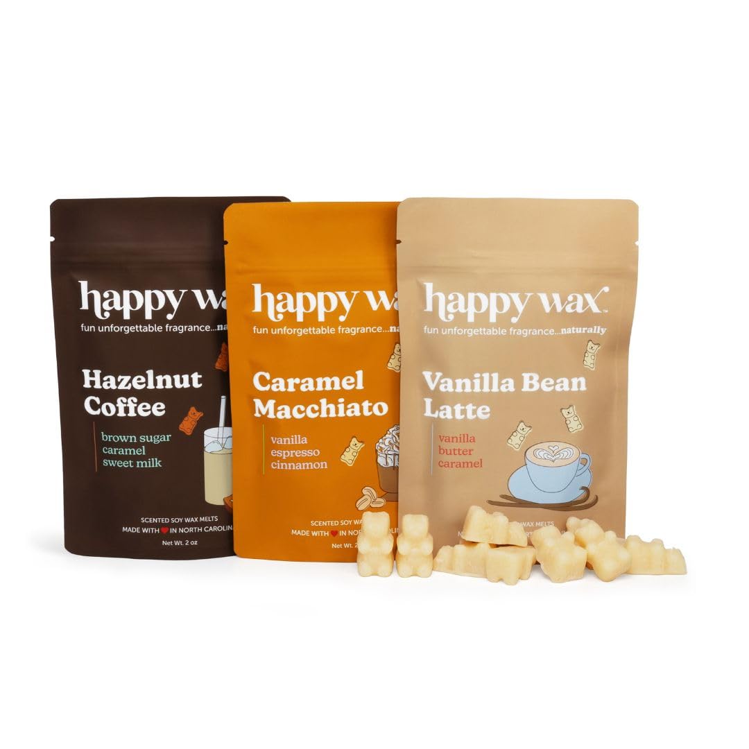 Happy Wax Coffee Mix Collection Scented Natural Soy Wax Melts – 6 Total Oz. of Scented Wax Melts, Collection Includes Hazelnut Coffee, Vanilla Bean Latte and Caramel Macchiato