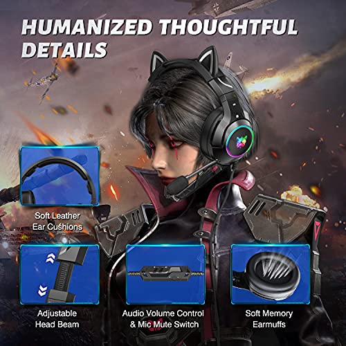 AJIJAR Gaming-Headset mit Mikrofon, Katzenohren Kopfhörer 3,5mm Kompatibel mit PC PS4 PS5 Xbox One (ohne Adapter) Smartphone, mit Surround-Sound, RGB, Geräuschunterdrückung, Schwarz - Image 6