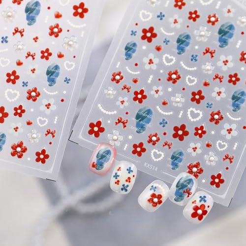 Image of Red Flower Nail Stickers Decals Pearl Heart Design Nail Decals for Nail Art