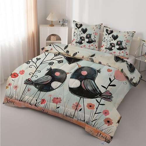 Boceoey Pájaro Negro Edredón Cama 90 Flores - Edredón Reversible 4 Estaciones de Microfibra, Diseño Acuarela Pájaro del Amor, Suave Relleno Nórdico 180x220 cm y 2 Fundas de Almohada 50x75 cm AX-553