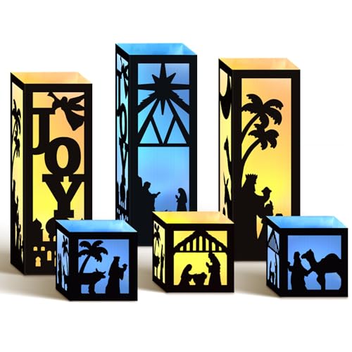Image of HOWAF 6pcs Nativity Christmas Luminary Boxes with 6 Lameless LED Candles, Jesus Christmas Luminary Candle Boxes for Religious Christmas Jesus Birthday Xmas Party Decor Paper Lanterns Boxes with Lights