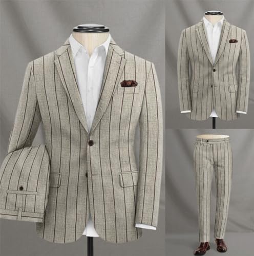 Men's Linen Stripe Suit Two Buttons Notch Lapel Jacket+Pants Set3