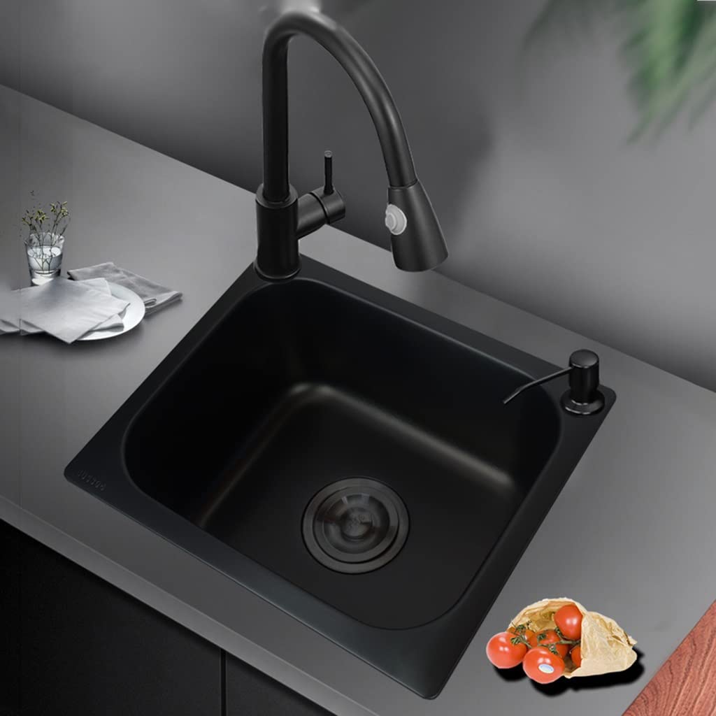 Kitchen Bar Lavello a Vasca Singola Nero con lavandino e lavello di Preparazione Lavello da Incasso in Acciaio Inossidabile con Rubinetto a Tirante e Gruppo di Scarico (Nero 46x40x21 cm)