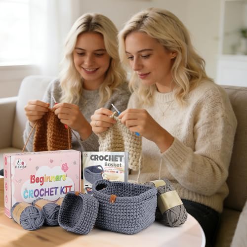 Image of Aeelike 27PCS Crochet Basket Kit for Beginners (L&S), Complete Crocheting Basket for Storage, Knitting Starter Set with Instruction, Beginner Crochet Kit Crocheting Gift for Home Decor