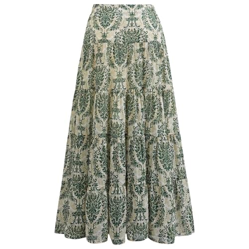 CHICWISH Women Chiffon Maxi Skirt Damask Print Elastic High Waist Tiered Pleated Flowy Long Skirt3