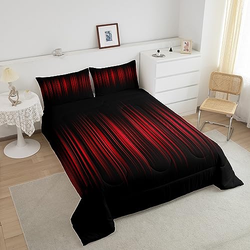 Image of Feelyou Red and Black Ombre Bedding Set Queen, Geometric Abstract Ombre Comforter Red and Black Striped Comforter Set for Kids Boys Girls Stripes Duvet Set Microfiber Quilt Set