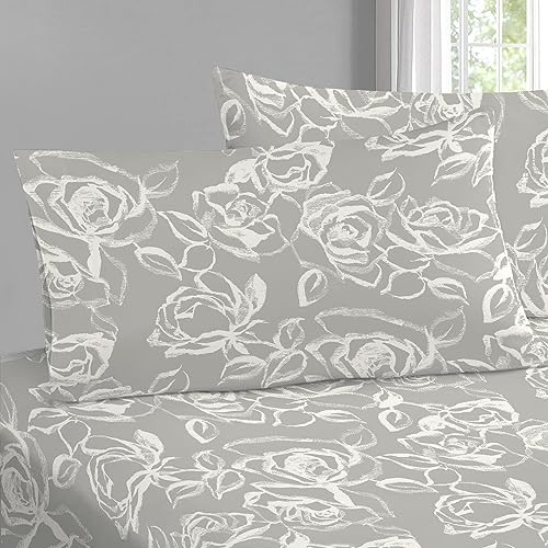 Pizuna Pure 100% Cotton Pillow Cases Queen Size Set of 2 Silver Simply Floral, Luxurious 400 Thread Count Long Staple Cotton Sateen with Stylish 4" Hem (Combed Cotton Pillow Cases Queen) by Pizuna - Used condition - US$18.96
