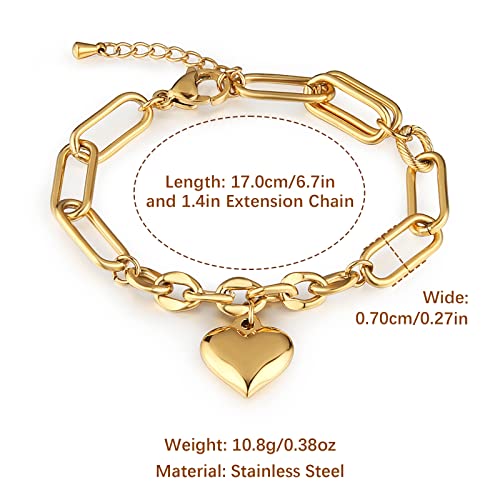 Hzman 6.7 In Stainless Steel Simple Love Heart Charm Bracelet Adjustable Link Chain With Lobster Claw Clasp For Girls Women Romantic Gift (Gold) #TOP4