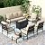 PHI VILLA 8 PCS Patio Furniture Set with 1 x 45 FirePit Table, 1 x 72 Sofa Bench, 4 x Armrest Sofa Chairs and 2 x Metal Cushioned Ottoman