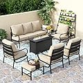 PHI VILLA 8 PCS Patio Furniture Set with 1 x 45 FirePit Table, 1 x 72 Sofa Bench, 4 x Armrest Sofa Chairs and 2 x Metal Cushioned Ottoman