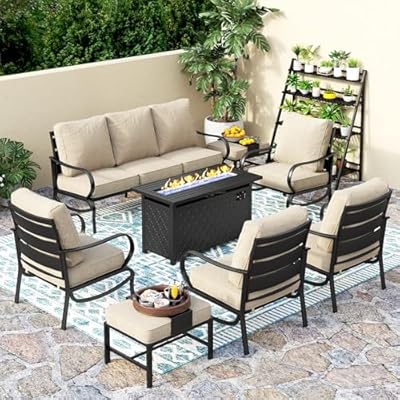 PHI VILLA 8 PCS Patio Furniture Set with 1 x 45 FirePit Table, 1 x 72 Sofa Bench, 4 x Armrest Sofa Chairs and 2 x Metal Cushioned Ottoman